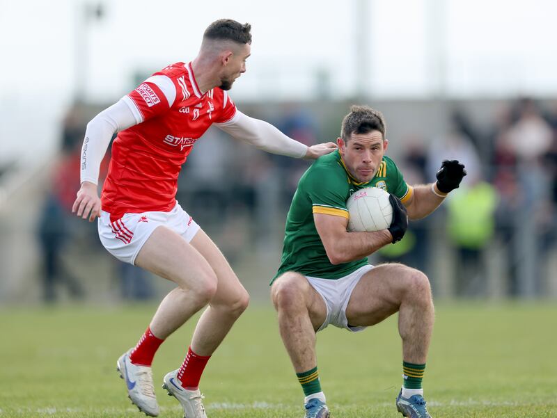 Louth’s Conor Brannigan and Donal Keogan of Meath during the counties'  clash in March. Photograph: James Crombie/Inpho