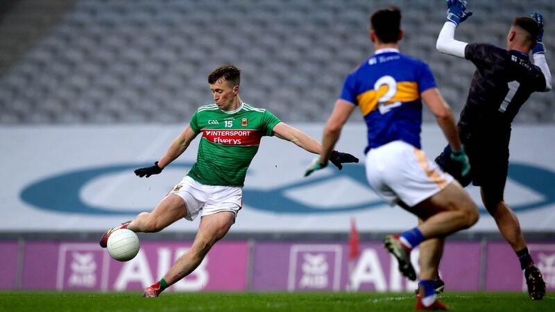 Cillian O’Connor scores his side’s second goal against Tipperary in the All-Ireland SFC semi-final. Photograph: Ryan Byrne/Inpho