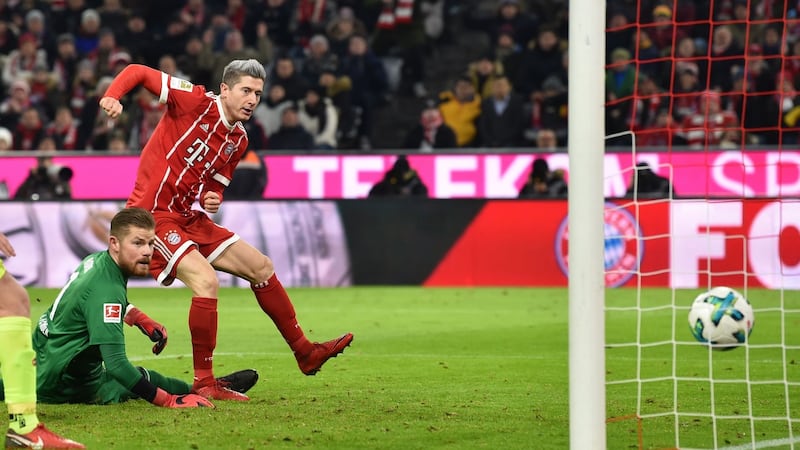 Bayern Munich’s Robert Lewandowski will look to add to his 53 goals in Saturday’s game against  his former club Borussia Dortmund. Photograph: Christof Stache/AFP/Getty Images