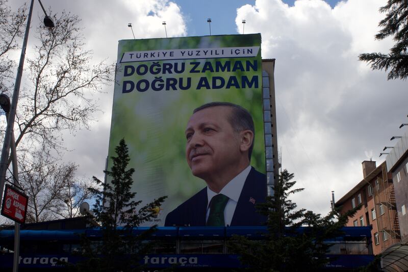 A Recep Tayyip Erdoğan election poster on Gazi Mustafa Kemal Boulevard, which says: 'The right time. The right man.' Photograph: Lorraine Mallinder