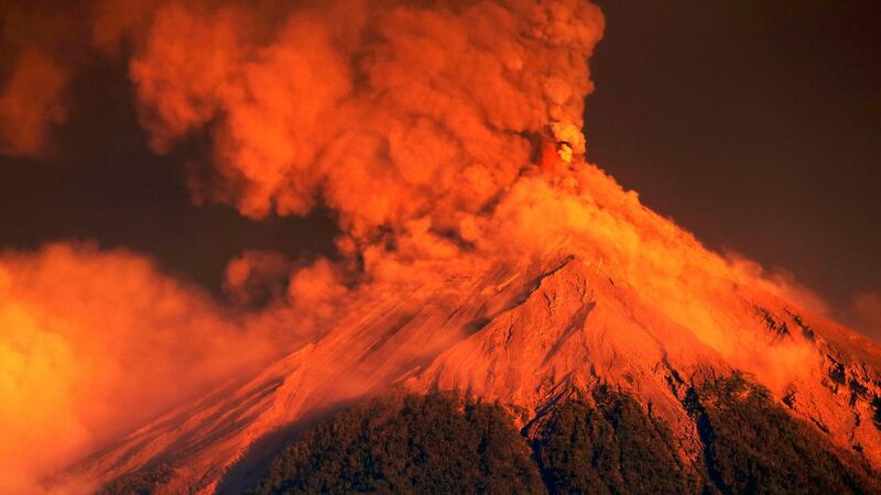 The Fuego volcano eruption at sunrise, seen from El Rodeo, Escuintla, Guatemala. Photograph: Esteban Biba/EPA