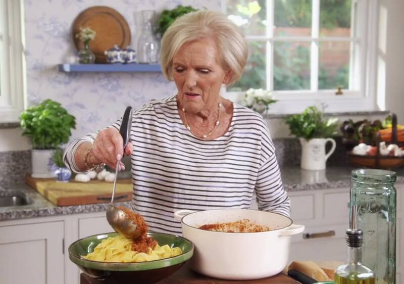 Mary Berry with her spaghetti bolognese made with cream. Photograph: BBC