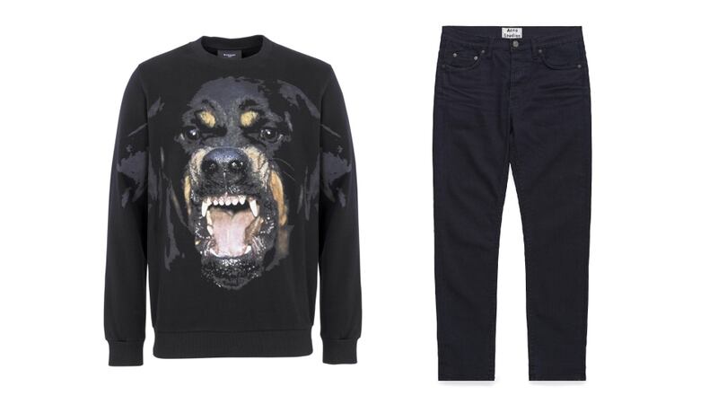 Gifts for twenty-somethings: Jeans, €180, Acne at Brown Thomas; Rottweiler Jumper, €690, Givenchy at Brown Thomas
