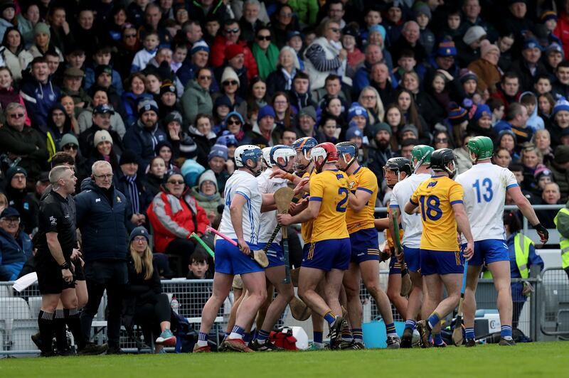 Tempers flare between Waterford and Clare players. Photograph: Bryan Keane/Inpho