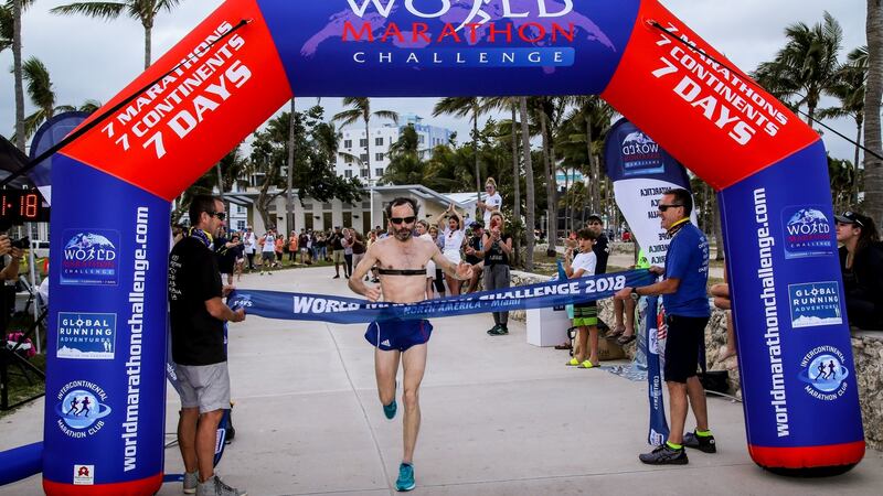 Gary Thornton finishes the Miami marathon.