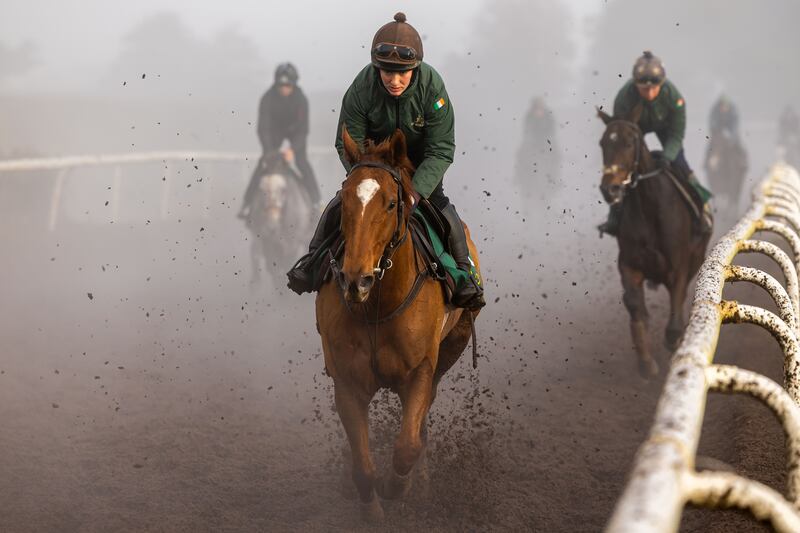 Sinead Walsh on State Man at the launch of the National Hunt season in Willie Mullins yard in Closutton, Co Carlow. Photograph: Morgan Treacy/Inpho 