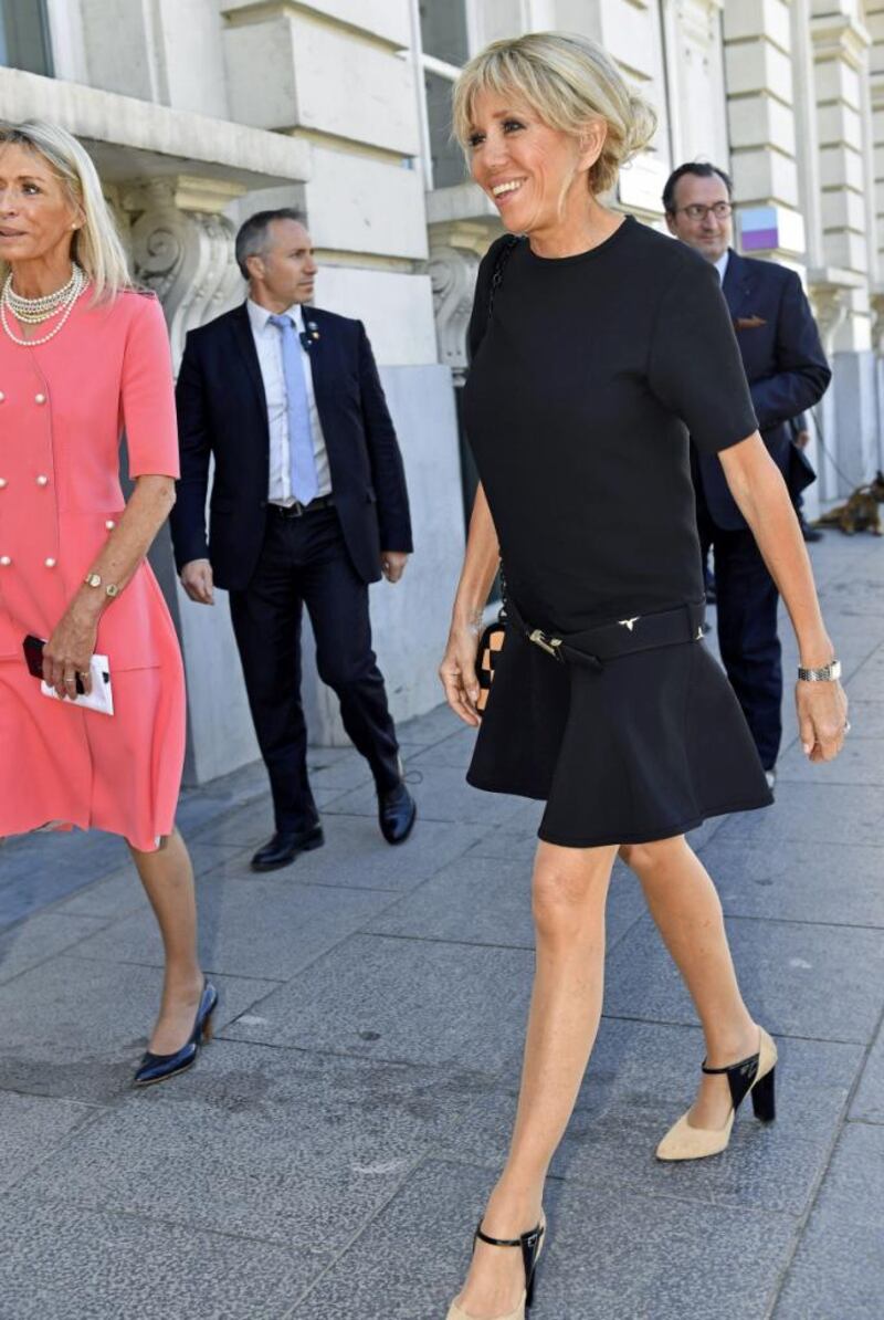 Brigitte Macron, wife of French President, arrives to take part in a visit to the Magritte Museum, on May 25, 2017 in Brussels on the sidelines of the NATO (North Atlantic Treaty Organization) summit. / AFP PHOTO / BELGA / ERIC LALMAND / Belgium OUT (Photo credit should read ERIC LALMAND/AFP/Getty Images)