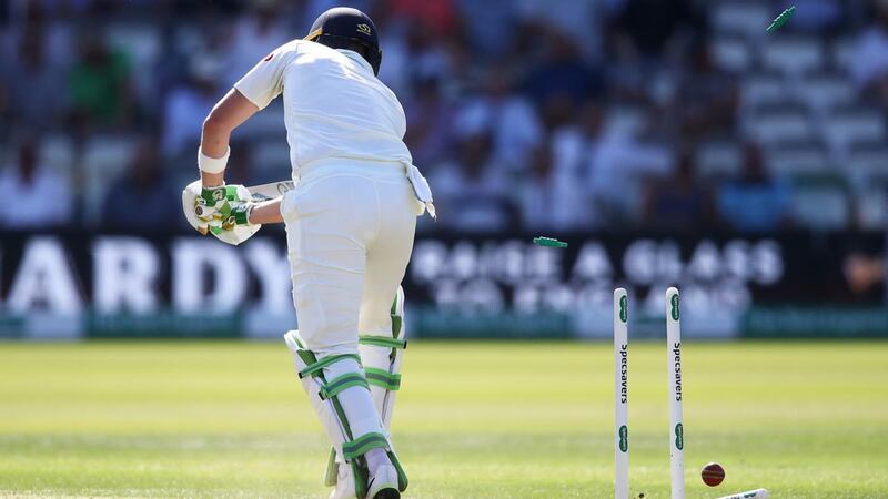 Andy Balbirnie is bowled by Olly Stone after making 55 at Lord’s. Photograph: Julian Finney/Getty