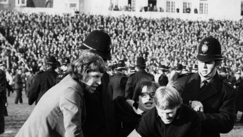 A demonstrator is carried off at anti-apartheid protest at Springbok match at Swansea during the controversial 1969 tour. Photograph:  Central Press/Getty Images
