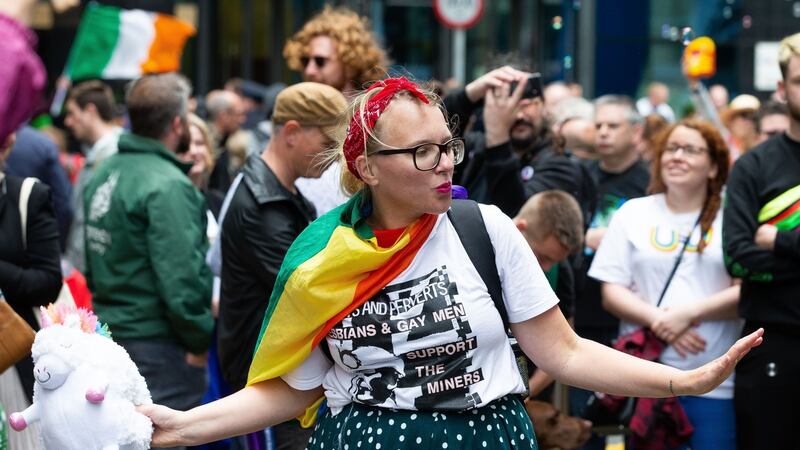 An anti-hate speech protester outside Google’s HQ on Barrow Street, Dublin on Saturday. Photograph: Tom Honan/The IrishTimes