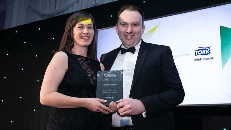 Michelle O’Donnell, Head of Operations, CallPageboy Call Centre presents the FM Team of the Year - Service Provider award to Michael Garland, Accent Facilities Solutions.