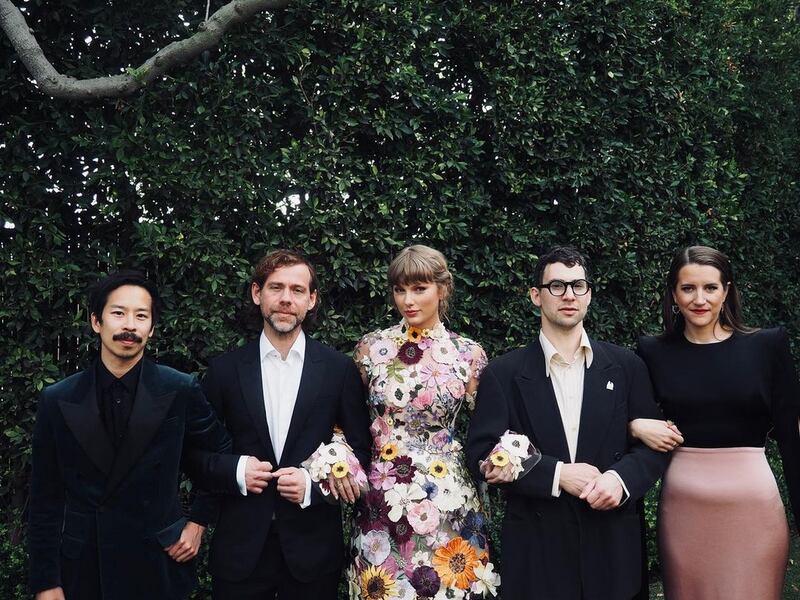 Jonathan Low, Aaron Dessner, Taylor Swift, Jack Antonoff and Laura Sisk backstage at the 2021 Grammy Awards. Photograph: Taylor Swift/Instagram