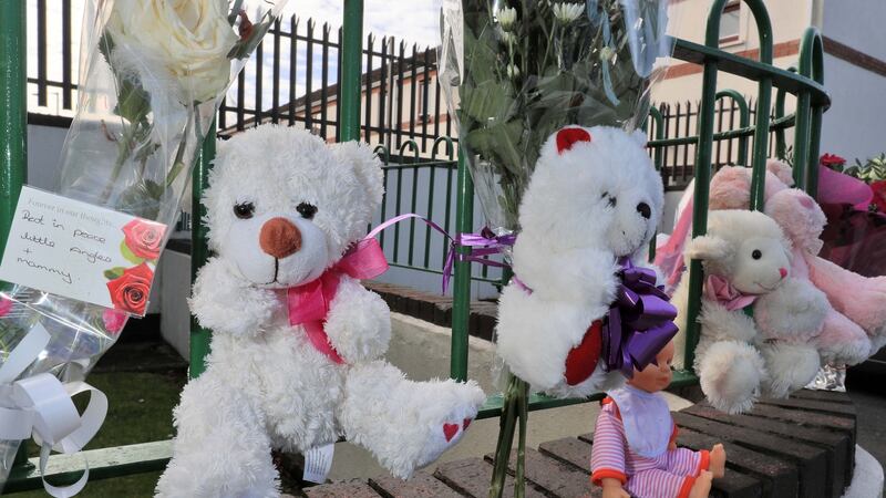 Flowers and teddy bears at the scene  of the fire.  Photograph: Colin Keegan, Collins Dublin.