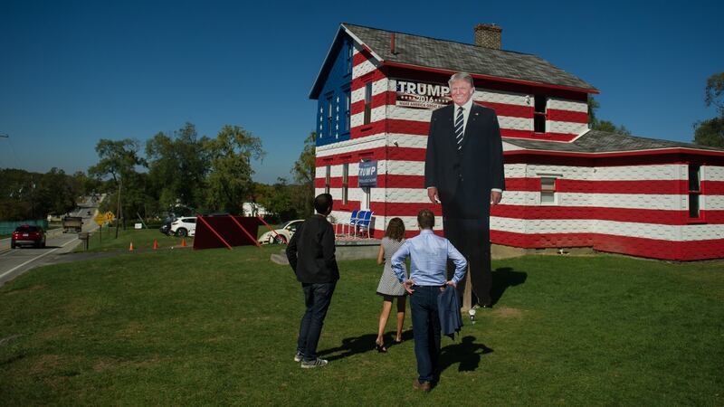 Trump supporters gather at the “Trump House” in  Pennsylvania, last   October. The former mining and steel manufacturing region has lost jobs and tax base over the past decades. Photograph: Jeff Swensen/Getty Images