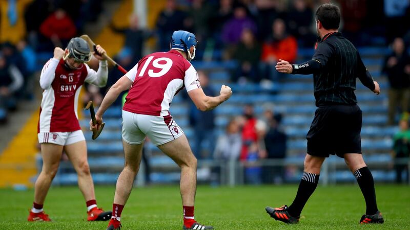 Borris-Ileigh’s Kevin Maher and Ciarán Cowan celebrate at the final whistle after the victory over Glen Rovers. Photograph: James Crombie/Inpho