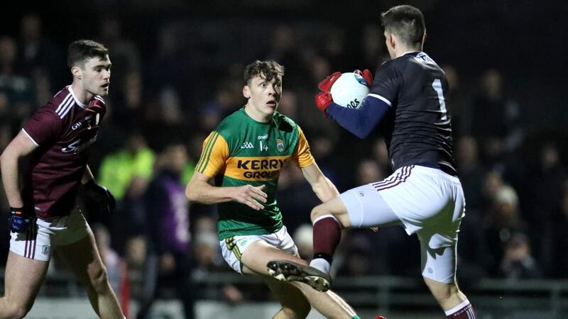 Galway goalkeeper Conor Gleeson and David Clifford of Kerry. Photograph: Keith Wiseman/Inpho
