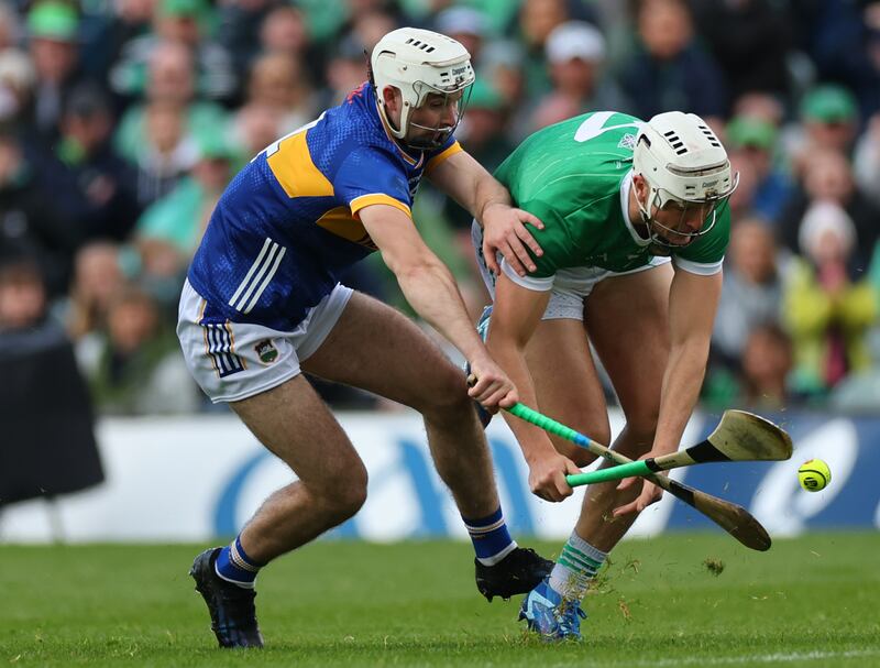 Tipperary’s Craig Morgan and Kyle Hayes of Limerick in action in the Gaelic Grounds on Sunday. Photograph: James Crombie/Inpho