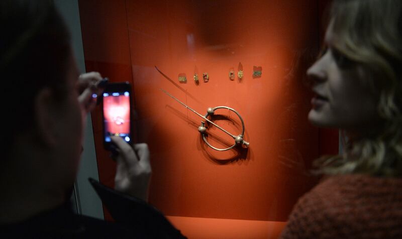 A Viking helme on display at the 
Vikings: Life and Legend
 exhibition at the British Museum  in London. The show  featues many archaeological finds never seen before in the UK and runs until June 22nd, 2014. Photograph:  Dan Kitwood/Getty Images