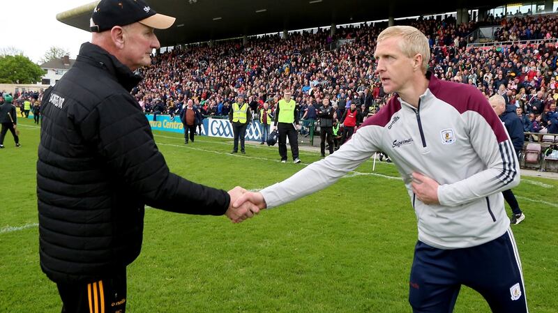 Kilkenny manager Brian Cody stares pointedly at Galway manager Henry Shefflin while shaking hands after their encounter in 2022. Photograph: Inpho