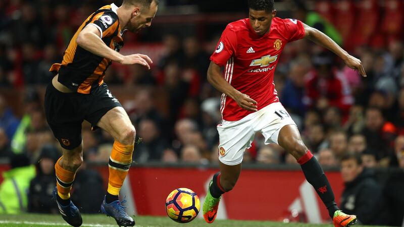 Marcus Rashford runs at David Meyler during a Premeir League fixture at Old Trafford in 2017. Photograph: Clive Mason/Getty