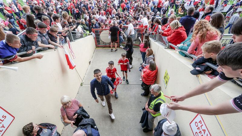 Tyrone captain Padraig Hampsey with fans at the homecoming. Photograph: Philip Magowan/Inpho/Presseye