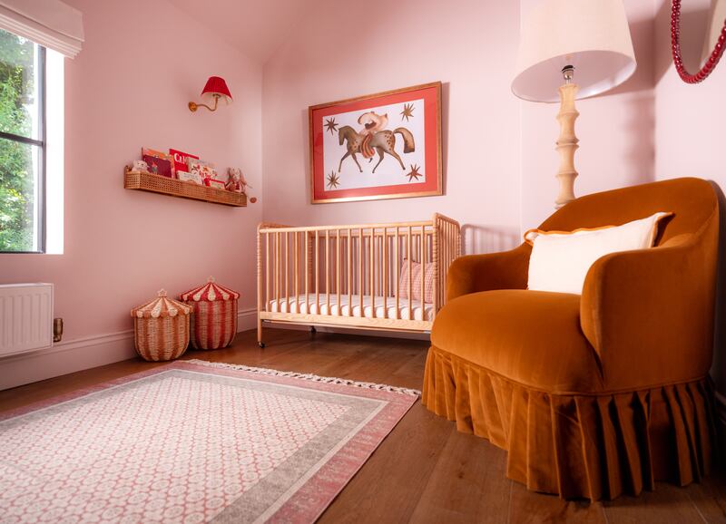 Dulux Heritage Potters Pink on walls and ceilings, Dulux Heritage Pale Nutmeg on skirting is complemented by beautiful touches of velvet and rattan 