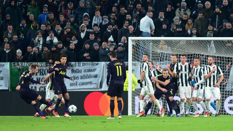 Christian Eriksen scores Tottenham’s equaliser against Juventus. Photograph: Massimo Pinca/Reuters