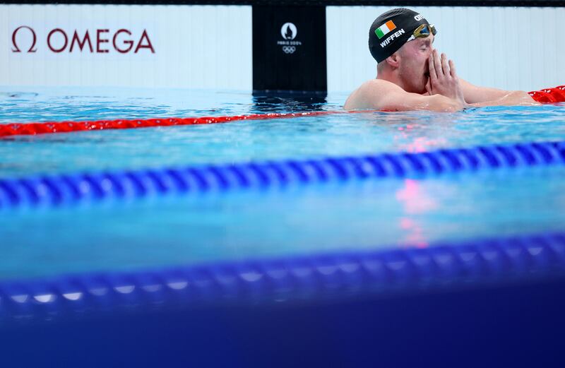 Daniel Wiffen reacts after winning gold in the men's 800m freestyle final. Photograph: Adam Pretty/Getty Images