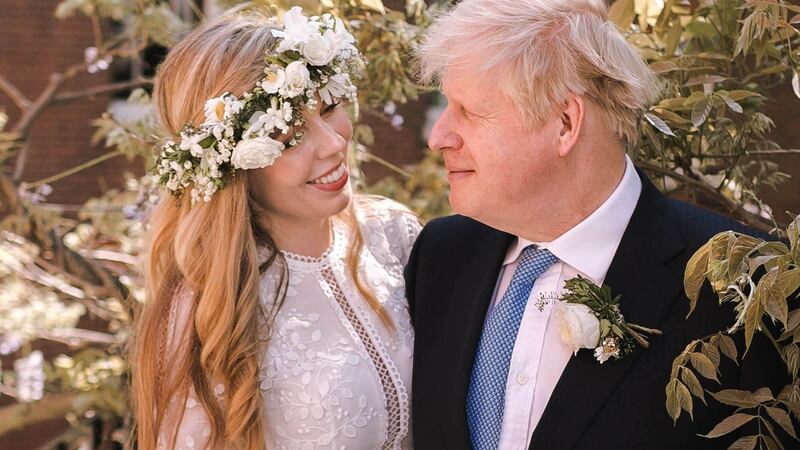 British prime minister Boris Johnson and his wife Carrie Johnson (nee Symonds) in the garden of 10 Downing Street following their wedding at Westminster Cathedral on May 29th. Handout photograph: Rebecca Fulton/ Downing Street via Getty Images