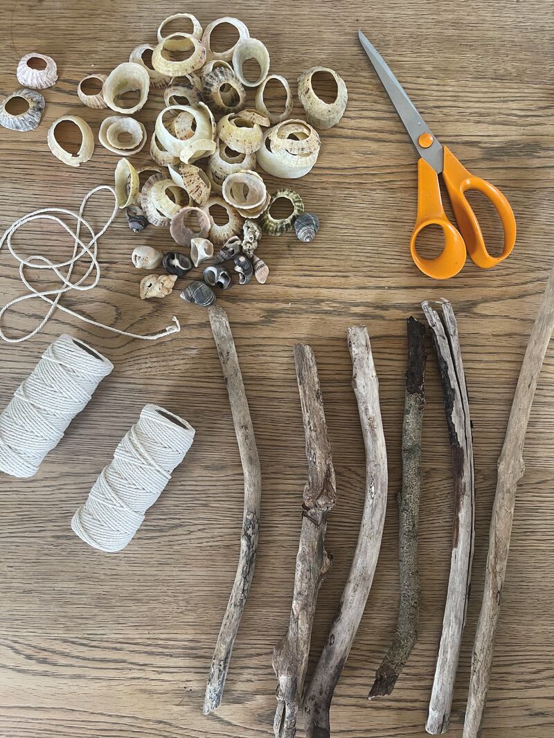 The objects needed to make a shell wall hanging