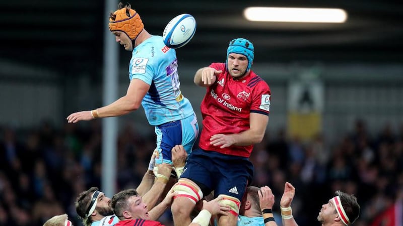 Munster’s Tadhg Beirne wins a lineout from Exeter Chief’s Ollie Atkins. Munster destroyed their opponents in the lineout last weekend. Photograph: Billy Stickland/Inpho