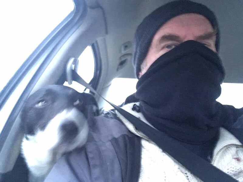 "The chemo ward gave me a scarf to wear to protect me from germs as my immune system was low due to the chemotherapy. I suggested to my collie Suzie that we should go off and do a bank job, but as you can see she was a bit alarmed. I did actually go into the bank looking like this and the clerk said, ‘hi John'."