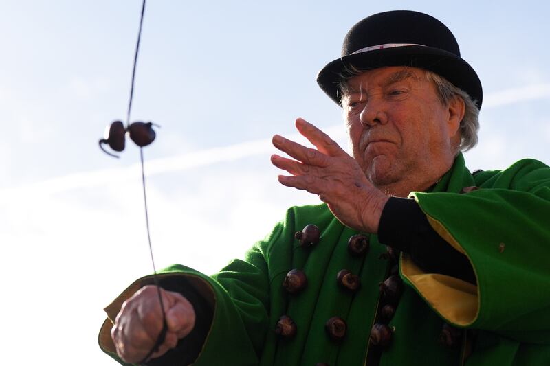 David Jakins aka King Conker at the World Conker Championships in Peterborough in October 2024. Photograph: Jacob King/PA Wire