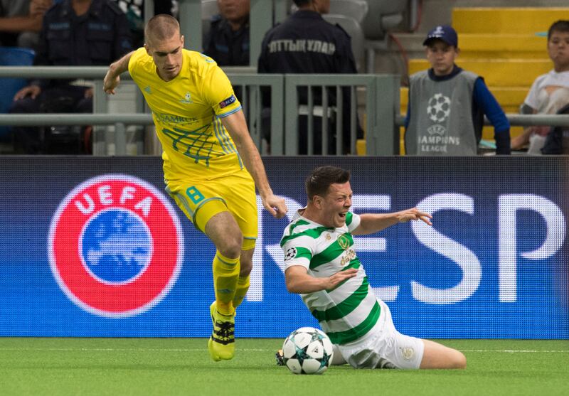 Celtic's Callum McGregor is challenged by Srdjan Grahovac of FC Astana during the Champions League playoff, second leg in 2017. Photograph: Craig Williamson/SNS Group via Getty Images