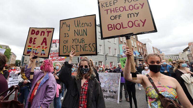 Supporters of the Campaign Against Church Ownership of Women’s Healthcare protesting outside the Dáil. Photograph: Alan Betson