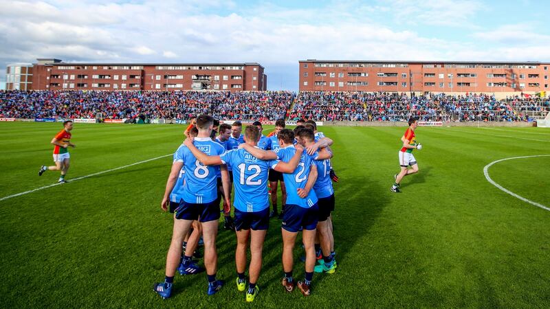 The Dublin team in their pre-match huddle before their win over Carlow. Photograph: Inpho
