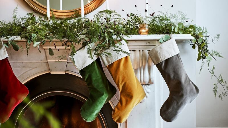 All set for Santa, Neptune’s Isla velvet Christmas stockings in jewel-like colours, large price €86. See neptune.com for Irish stockists.