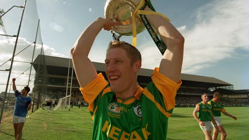 Meath’s captain Graham Geraghty hoists  the Delaney Cup aloft  in Croke Park following victory over Dublin in the 1999 Leinster final. Photograph: Patrick Bolger/Inpho