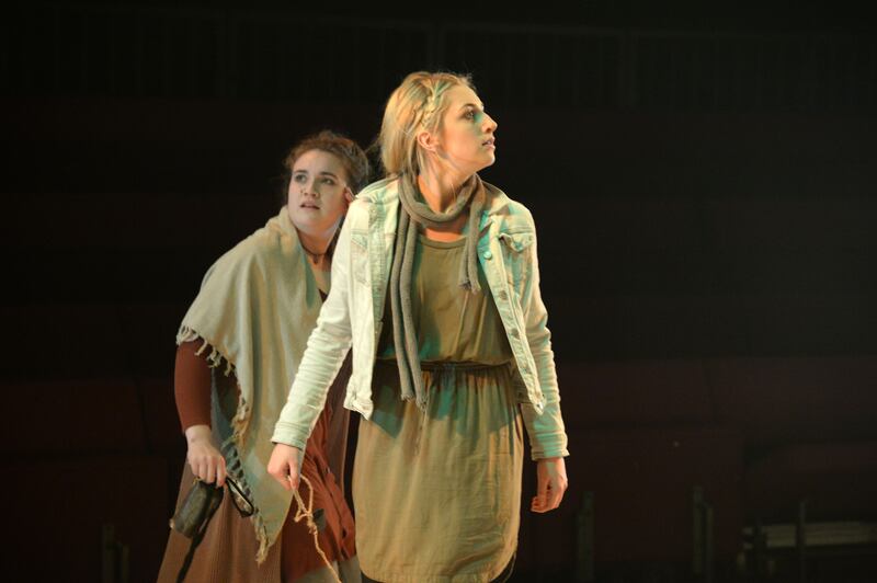 Clarabelle Murphy and Ella Lily Hyland of the National Youth Theatre during rehearsals for Salt Mountain. Photograph: Dara Mac Dónaill 