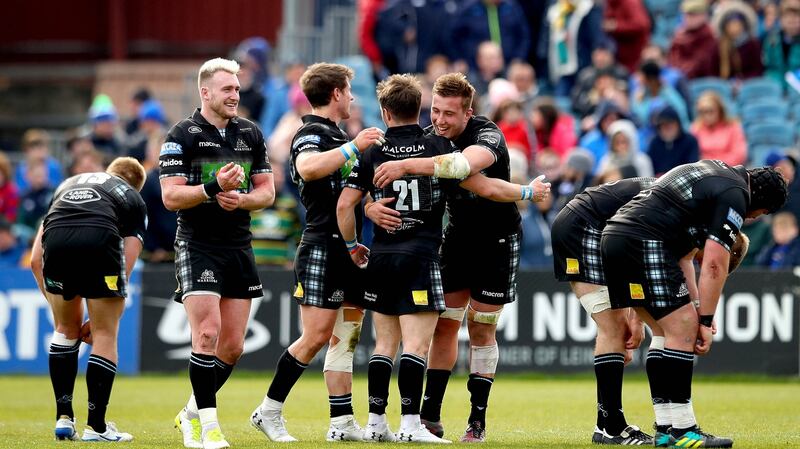 Glasgow celebrate a try during their win over Leinster in April. Photograph: Ryan Byrne/Inpho