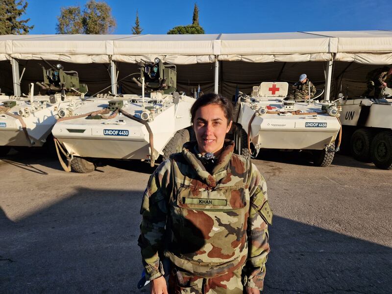 Capt Tara Khan at the Undof camp. She is one of 136 Irish troops in Syria serving as Undof’s 'Quick Reaction Force'. Photograph: Conor Gallagher