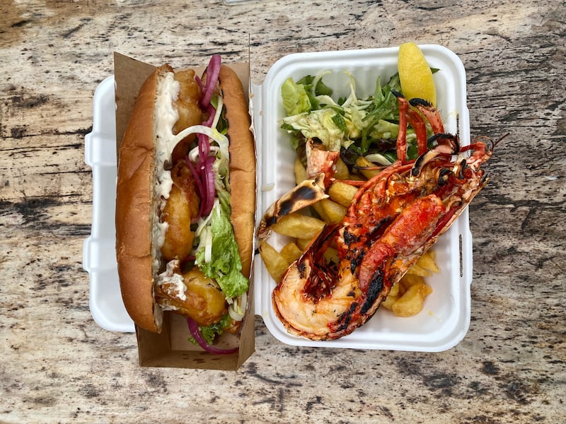 Lobster, chips and salad and prawn po'boy at Julia's Lobster Truck at Pot Duggans in Ennistymon, Co Clare