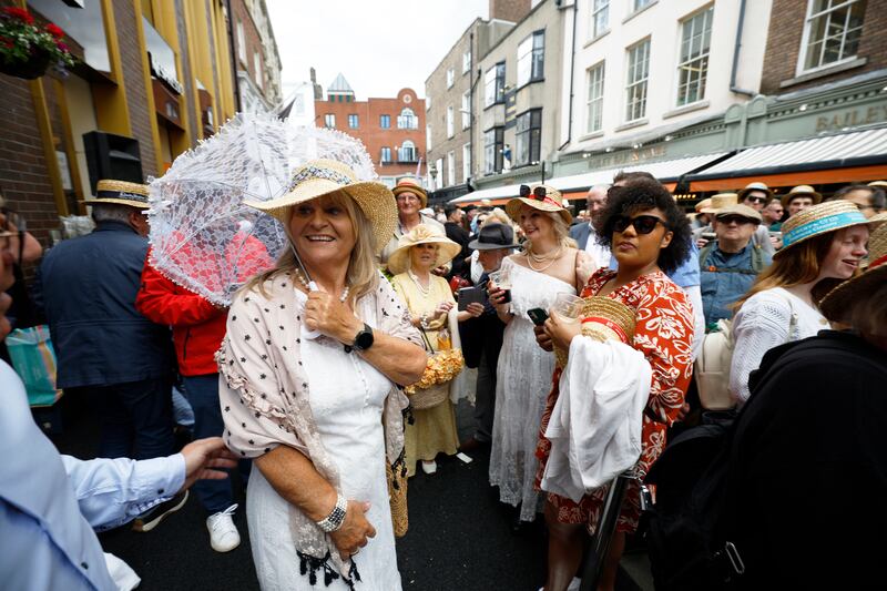 People join the celebration of the 120th Bloomsday in and around Davy Byrnes pub on Duke Street, Dublin. Photograph Nick Bradshaw for The Irish Times