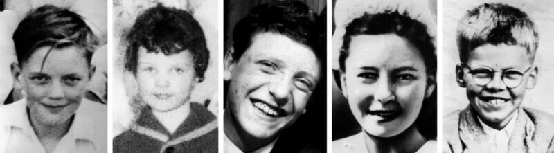 The victims of moors murderer Ian Brady, who has died in hospital. (From left) John Kilbride, 12, 10-year-old Lesley Ann Downey Edward Evans, 17, Pauline Reade, 16, and 12-year-old Keith Bennett. Photograph: PA Wire