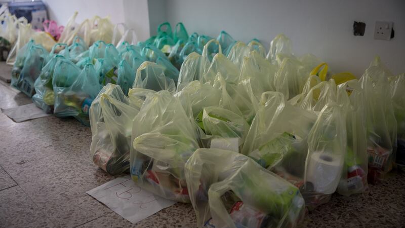 Bags of food in a Caritas storeroom in Paphos, Cyprus. Photograph: Sally Hayden