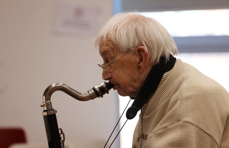 Jimmy O'Keeffe (94) a member of  the Communications Workers’ Union Band,during rehraesals  at CWU HQ on Dublin’s North Circular Road. Photo: Bryan O’Brien / The Irish Times
