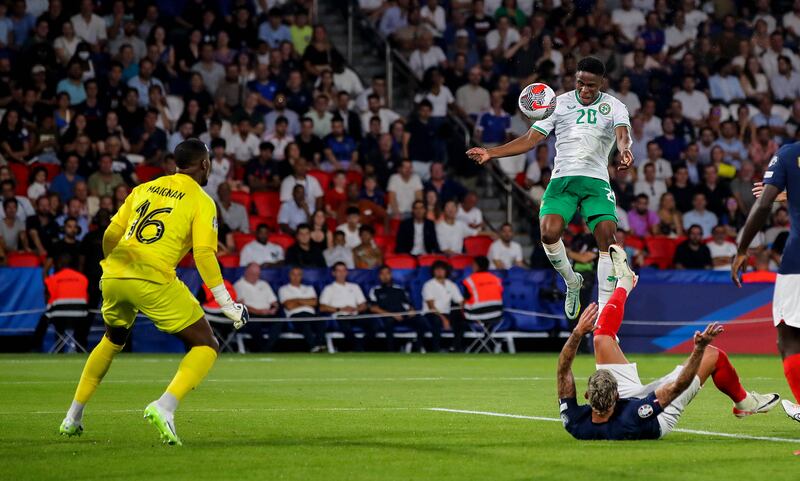 Chiedozie Ogbene heads a effort on goal in the second half. Photograph: Ryan Byrne/Inpho