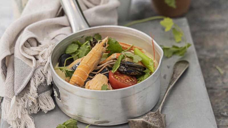 Poached seafood in chilli, ginger and coconut broth