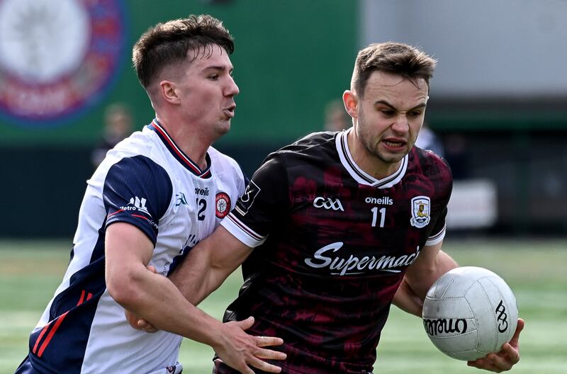 Galway’s Cillian McDaid is tackled. Photograph: Emily Harney/Inpho