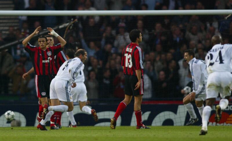 Real Madrid's Zinedine Zidane scores against Bayer Leverkusen in the Champions League final of 2002. Photograph: Adrian Dennis/AFP via Getty Images 